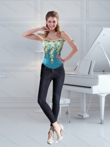 2015 Teal Off The Shoulder Beading Corset with Lace and Embroidery