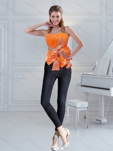 2015 Cute Orange Sweetheart Corset with Ruffles and Bowknot