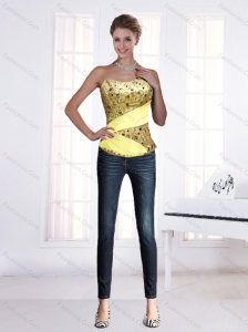 2015 New Style Strapless Yellow Coeset with Beading