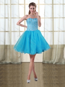 2015 Puffy Baby Blue Sweetheart Short Prom Dresses with Beading