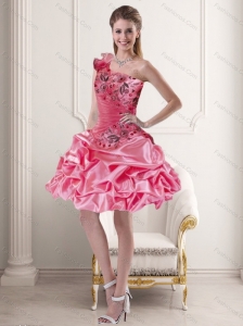 Beautiful One Shoulder Rose Pink 2015 Prom Dresses with Pick Ups and Ruffles