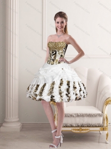 Unique Leopard Printed Ruffles White Strapless Puffy Prom Dresses