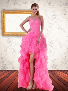 2015 Perfect Baby Pink Strapless Prom Dreses with Beading and Ruffled Layers