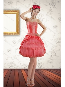 2015 Strapless Coral Red Prom Gown with Ruffled Layers