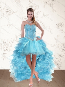 Baby Blue Sweetheart High Low Prom Dresses with Ruffles and Beading