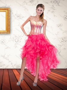 Beautiful Hot Pink Sweetheart Sequins High Low Prom Dresses with Beading