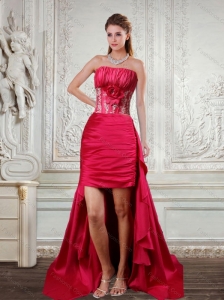 High Low Strapless Ruffled Coral Red Prom Dresses with Hand Made Flower