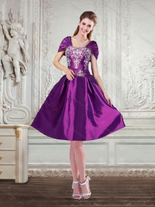 Purple Strapless Embroidery and Beaded Prom Dresses with Cap Sleeves