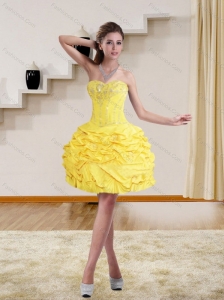 Yellow Beaded Sweetheart Short 2015 Puffy Prom Dresses