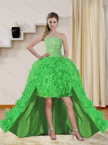 2015 Beautiful Spring Green High Low Prom Dresses with Beading