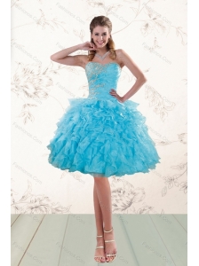2015 Fashionable Baby Blue Beaded Prom Gown with Ruffles