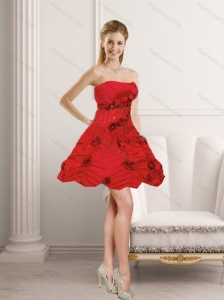 2015 New Style Red Strapless Prom Dresses with Beading and Hand Made Flower
