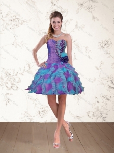 2015 Spring Sweetheart Beaded Multi Color Prom Dresses with Hand Made Flower