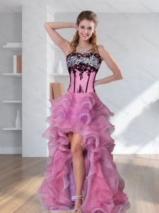 2015 Zebra Printed Strapless High Low Rose Pink Prom Dresses with Embroidery