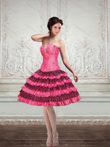 2015 Ball Gown Printed Strapless Ruffled Prom Dresses in Hot Pink and Black