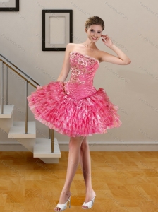 2015 Pink Short Prom Dresses with Appliques and Pick Ups