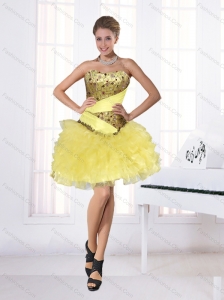 2015 Puffy Strapless Yellow Prom Dresses with Beading and Ruffles