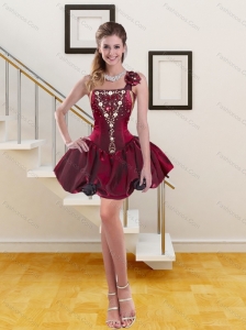 2015 Spring Wine Red One Shoulder Prom Gown with Beading