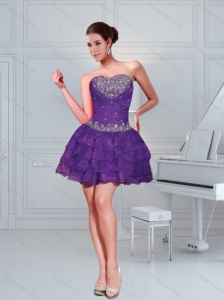 Eggplant Purple Beading Mini Length Prom Dresses with Ruffled Layers