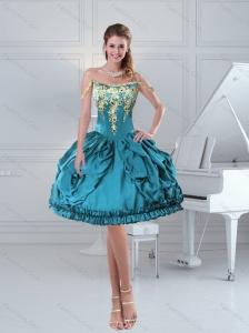 Teal Straps Beaded 2015 Prom Dress with Lace and Embroidery