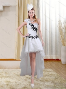 White High Low One Shoulder Prom Dresses with Black Embroidery