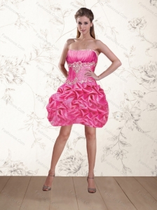 2015 Gorgeous Beaded Rose Pink Prom Dresses with Ruffles