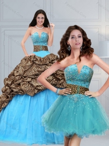 2015 Leopard Printed Baby Blue Brush Train Beading Quinceanera Dress