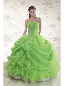 Brand New Spring Green Strapless Sweet 15 Dresses with Ruffles and Beading