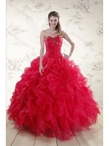 Classical Red 2015 Quince Dresses with Ruffles and Beading
