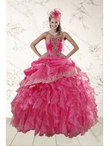 Beautiful Ruffles and Appliques Quince Dresses in Hot Pink
