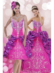 Multi Color Sweep Train 2015 Quince Dresses with Pick Ups and Embroidery