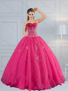 2015 Perfect Sweetheart Hot Pink Quinceanera Dress with Appliques and Beading