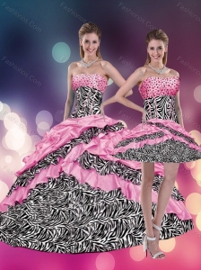 2015 Pink Beaded Zebra Printed Quinceanera Dresses with Ruffles and Pick Ups