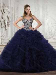 Fahionable 2015 Quinceanera Dresses in Navy Blue with Appliques and Ruffles