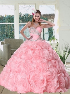 Feminine Rose Pink Quinceanera Dress with Appliques and Rolling Flowers