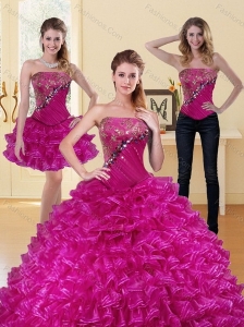 2015 Detachable Fuchsia Quinceanera Dress with Beading and Ruffled Layers
