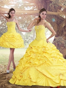 2015 Perfect Yellow Strapless Brush Train Quinceanera Dresses with Beading