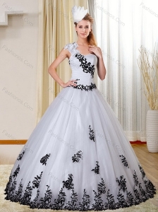 Cheap One Shoulder White and Black Quinceanera Dress with  Appliques for 2015