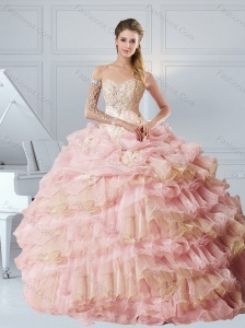 Cute Baby Pink Sweetheart Quinceanera Dresses with Appliques and Ruffled Layers
