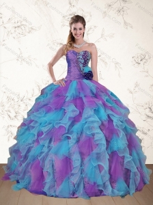 Cute Strapless Beading and Ruffles Multi Color Sweet 15 Dress
