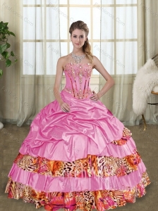 Super Hot 2015 Rose Pink Leopard Printed Quinceanera Dresses with Beading and Pick Ups