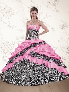 Unique Zebra Printed 2015 Pink Quinceanera Dresses with Ruffles and Pick Ups