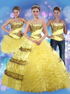 2015 Detachable Yellow Strapless Quinceanera Dress with Beading and Ruffles