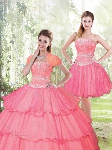 2015 Sweet Hot Pink Quinceanera Dresses with Beading and Ruffled Layers