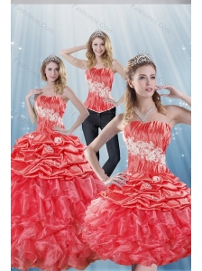 2015 GorgeousWatermelon Red Quinceanera Dresses with Appliques and Ruffles