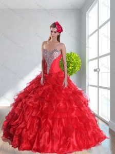 2015 New Arrival Red Quinceanera Dress with Ruffles and Beading