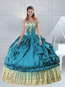2015 Teal Off The Shoulder Sweet 15 Dress with Embroidery and Pick Ups