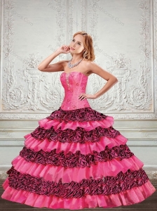 2015 New Style Printed Sweetheart Ruffled Quinceanera Dresses in Hot Pink and Black