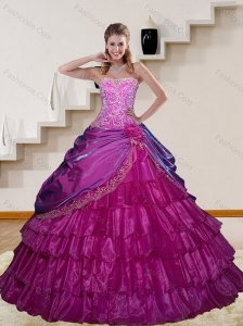 2015 The Most Popular Appliques and Ruffled Layers Fuchsia Sweet 15 Dresses