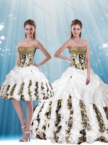 2015 White Strapless Leopard Printed Quinceanera Dresses with Pick Ups